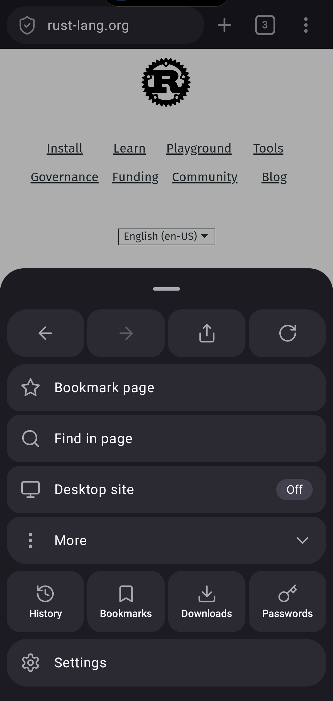 Main menu of the browser