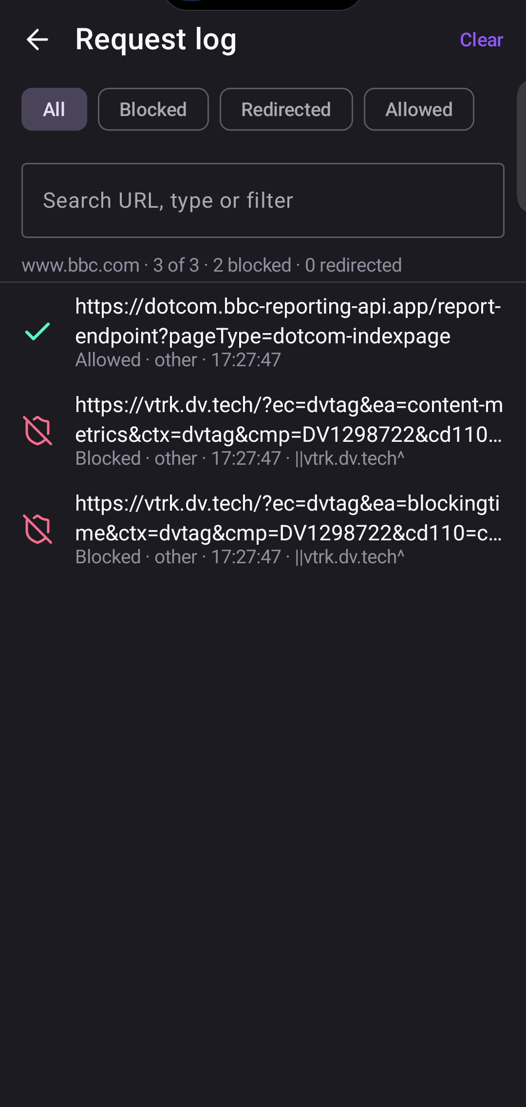 Network request log listing blocked and allowed requests