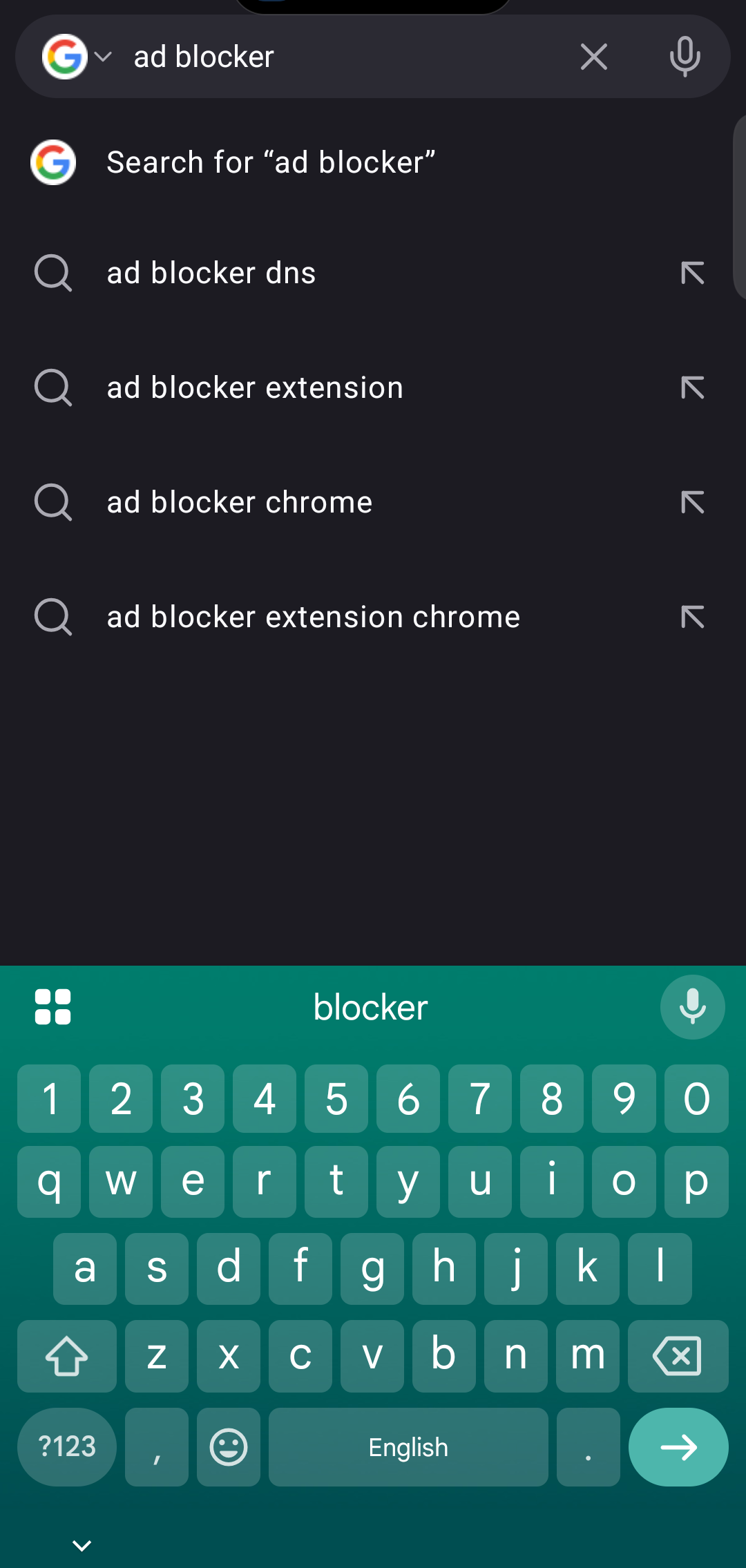 Search screen with suggestions for ad blocker