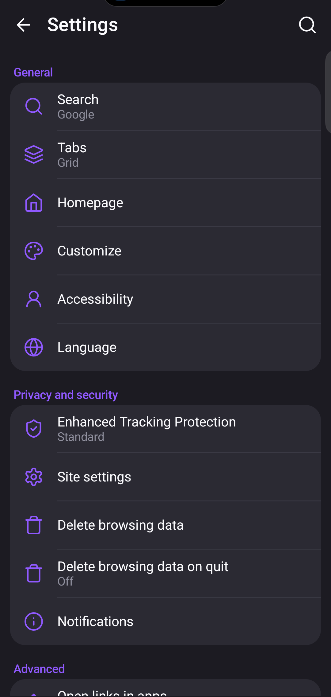 Settings screen